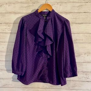 Vivid Purple 3/4 Length Button Down Ruffle Top